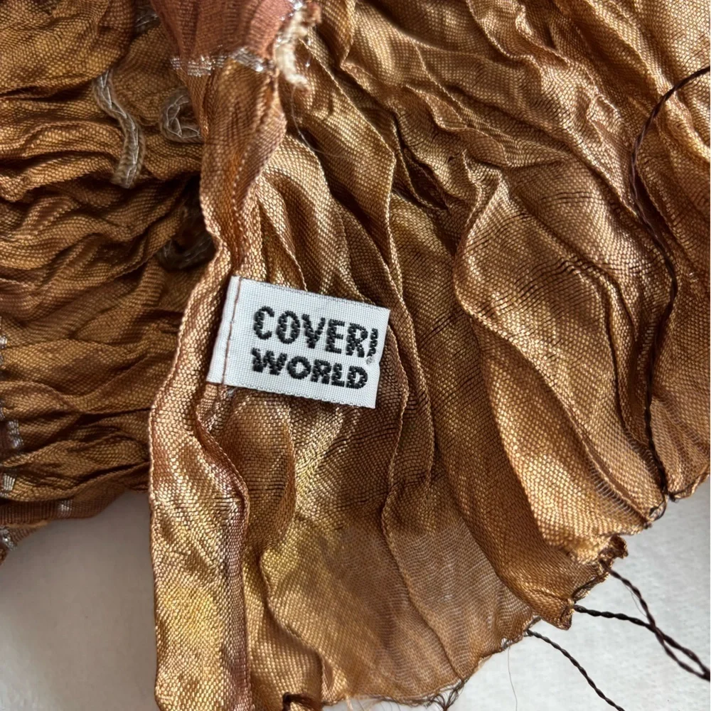 Elegant Crinkled Scarf  Brown and Tan Embroidered Silk OS